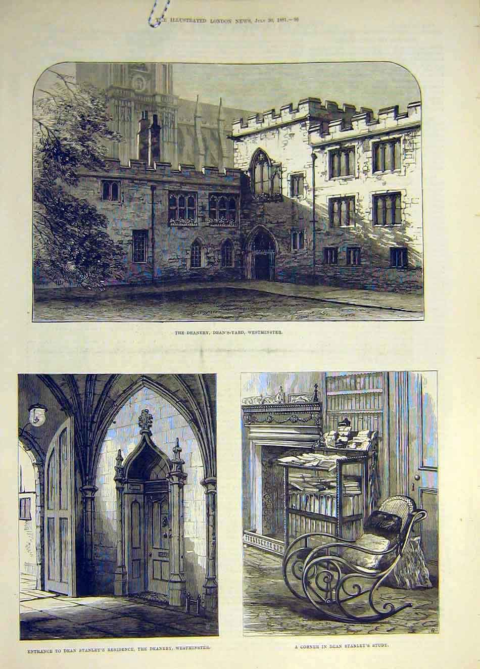 Original Old Antique Print 1881 Deanery Westminster Deans Tanley Study Victorian