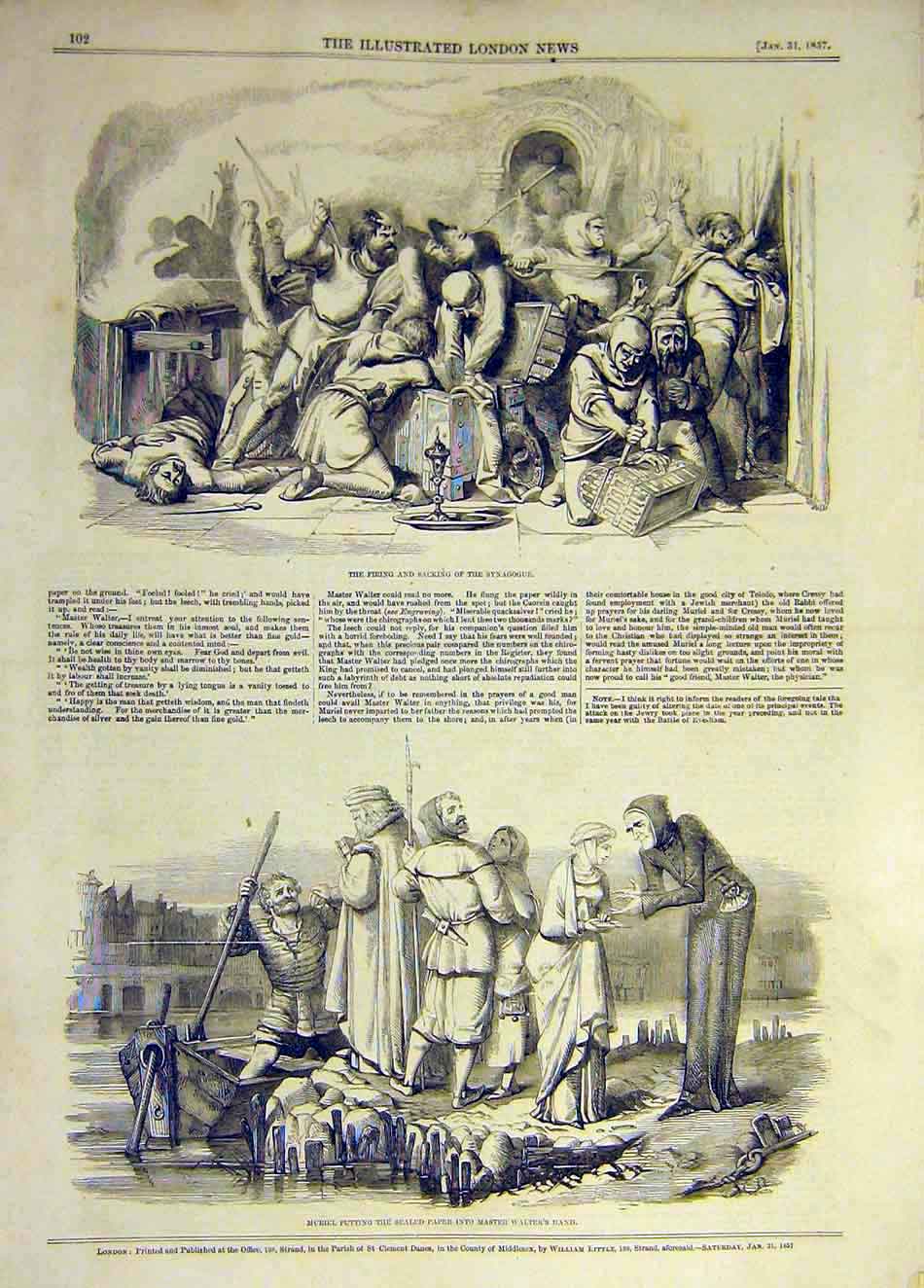 Original Old Antique Print 1857 Synagogue Firing Sacking Muriel Walter Paper