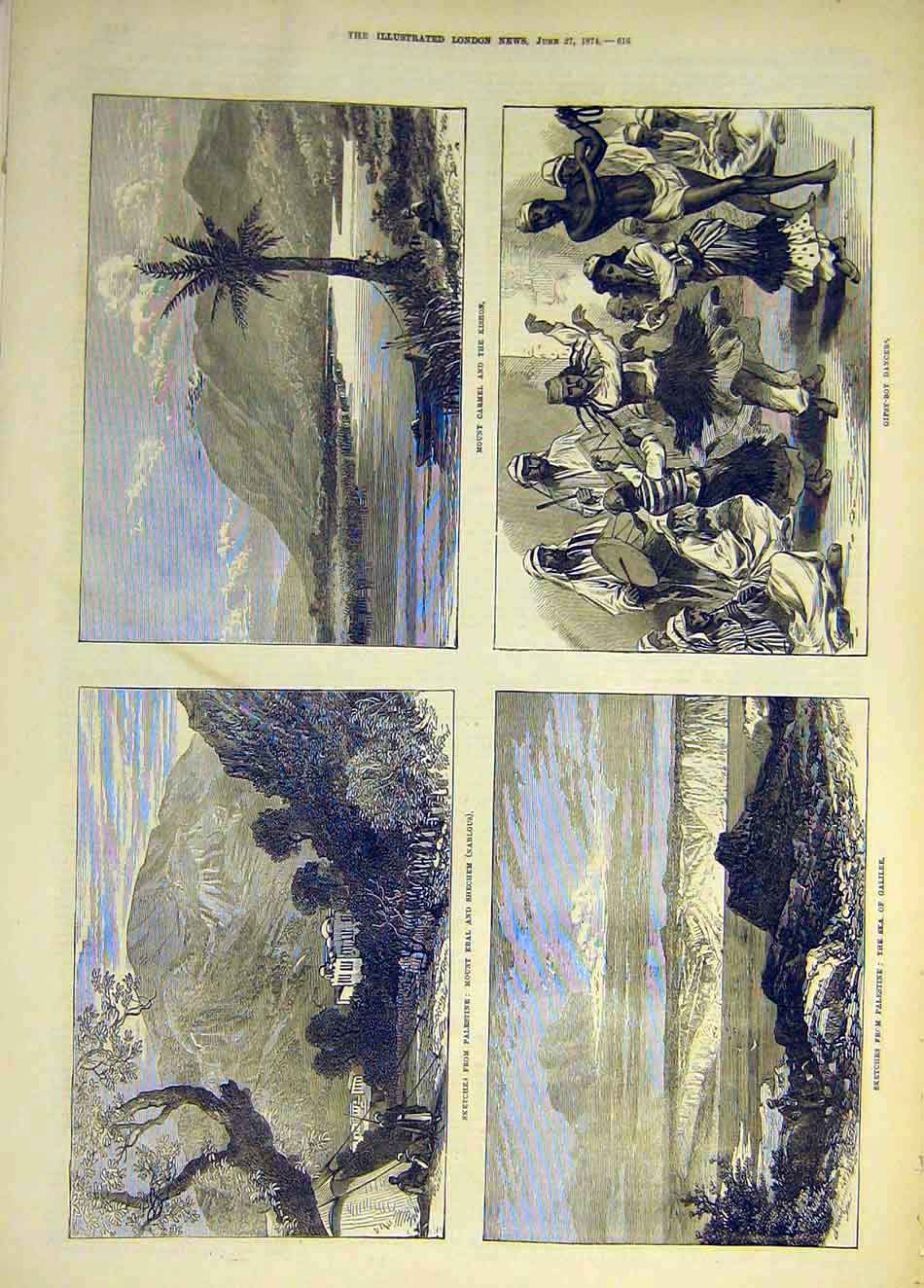 Original Old Antique Print 1874 Sketches Palestine Galilee Carmel Kishow Gipsy