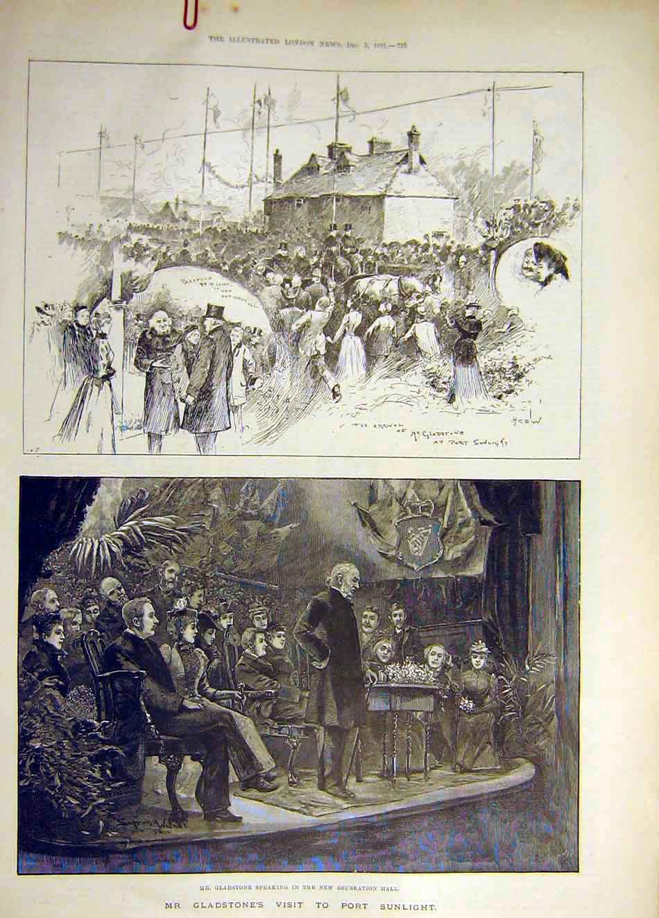 Original Old Antique Print 1891 Gladstone Port-Sunlight Sketch Recreation Hall