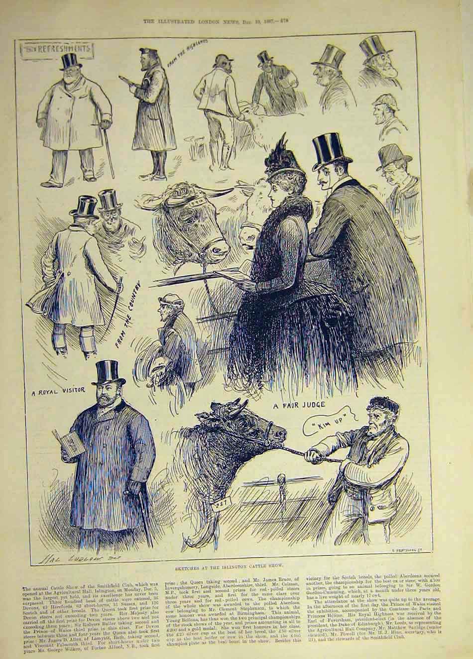 Original Old Antique Print 1887 Sketches Islington Cattle Show Judge Visitor