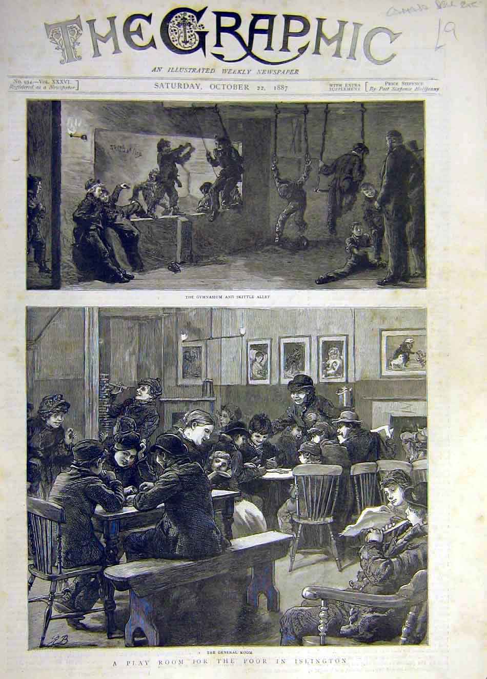 Original Old Antique Print 1887 Gynasium Skittle Alley Poor Play-Room Islington