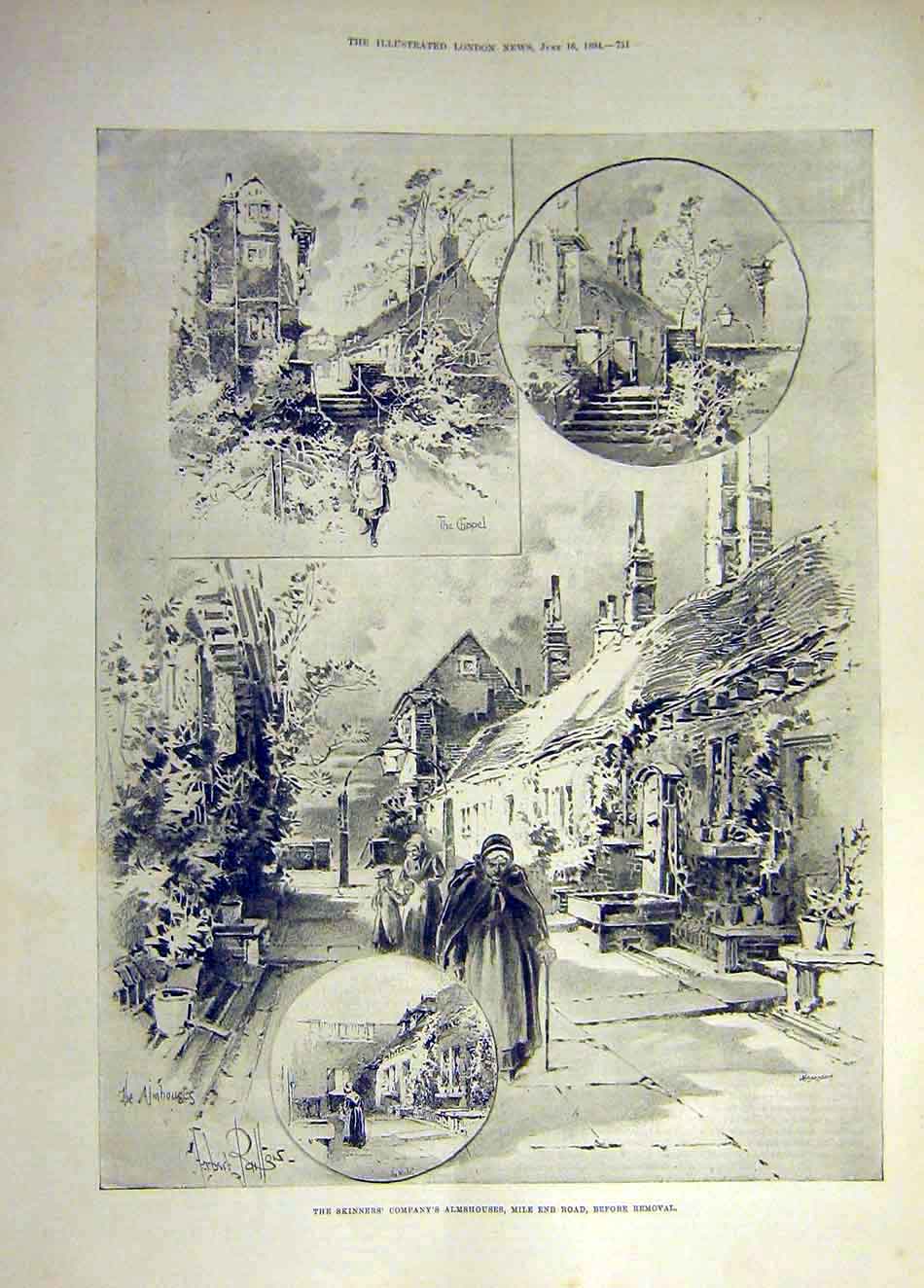Original Old Antique Print 1894 Skinners Almshouses Mile-End Road Company Chapel