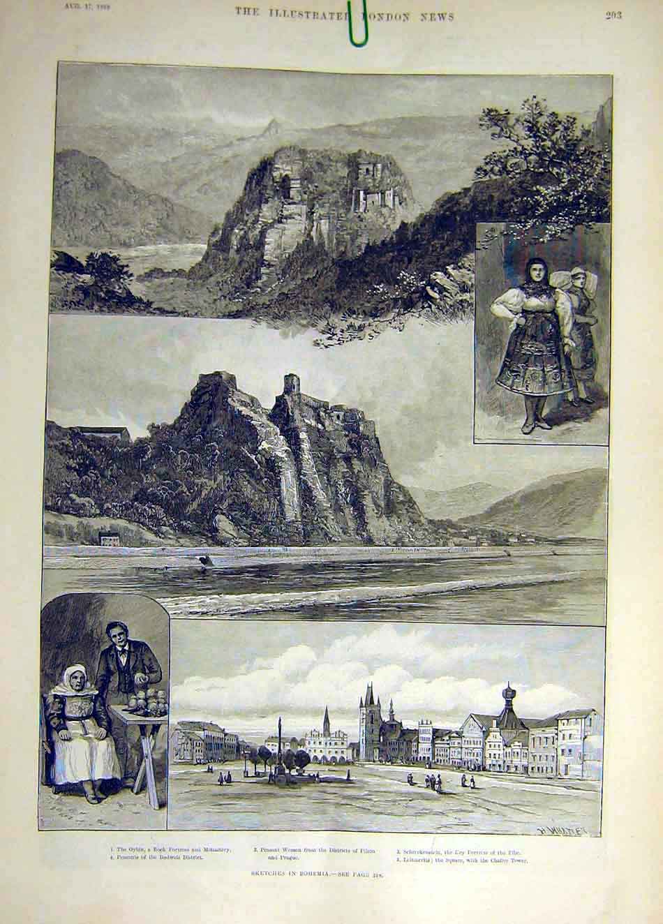 Original Old Antique Print 1889 Sketches Bohemia Oybin Monastery Fortress Elbe