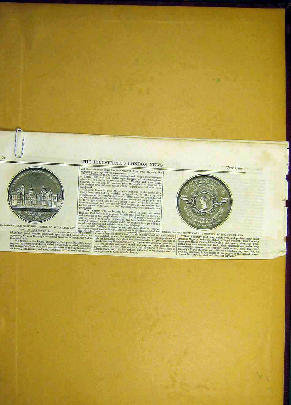 Original Old Antique Print 1858 Medal Commemorative Aston Park Hall Queen 19th