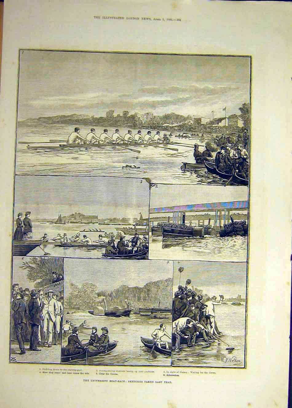 Original Old Antique Print 1882 Sketches Universities Boat-Race Previous Year