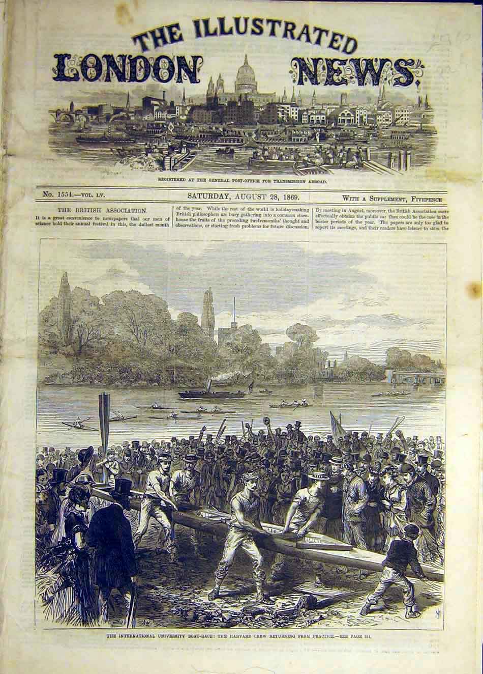Original Old Antique Print 1869 International University Boat Race Harvard Crew