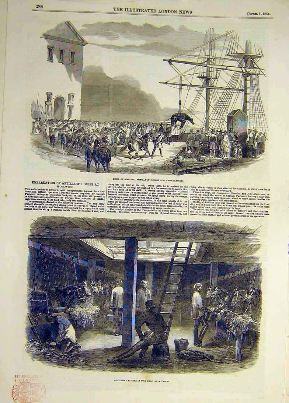 Original Old Antique Print 1854 Artillery Horses Sling Ship Vessle HWoolwich
