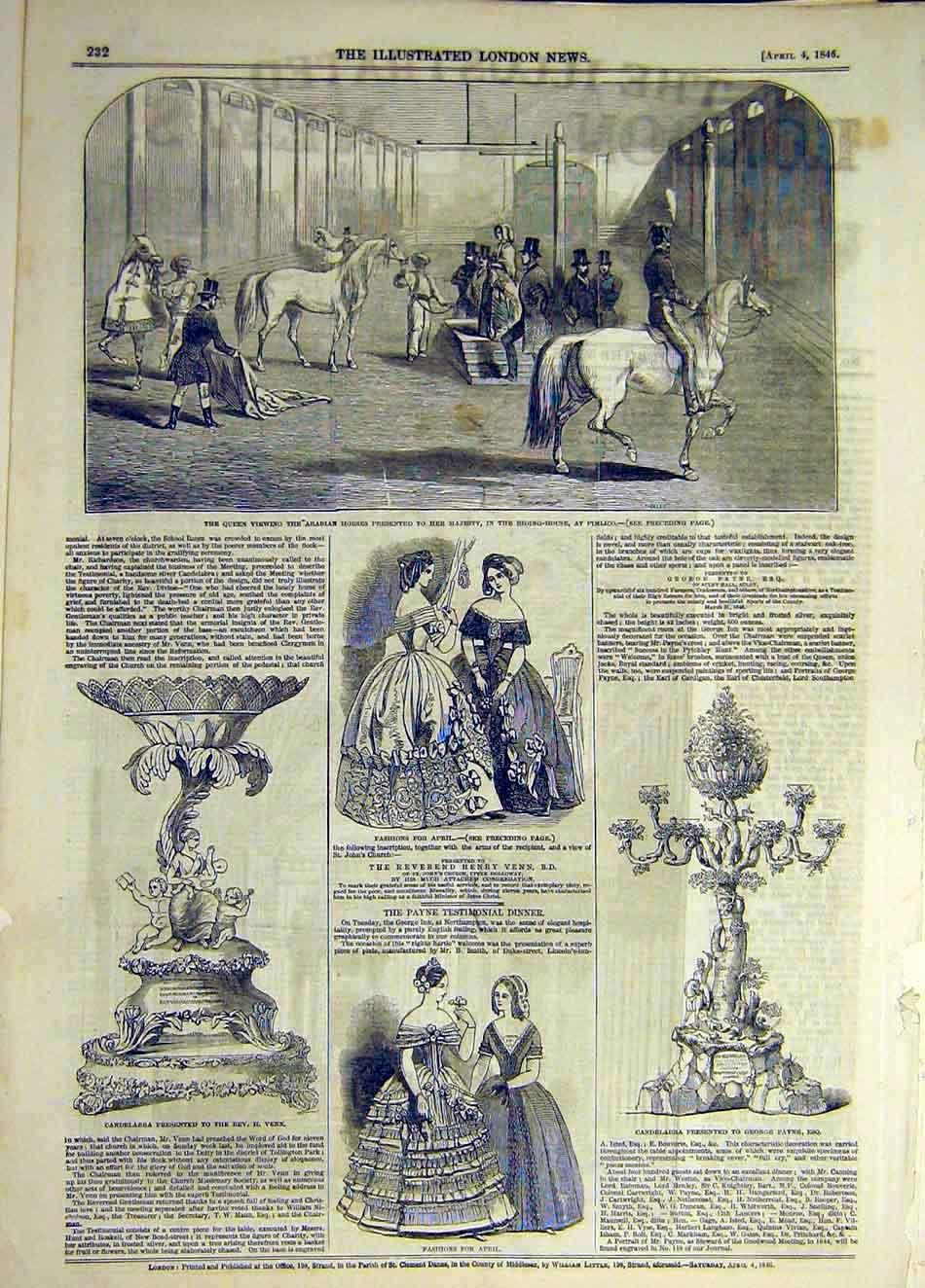 Original Old Antique Print 1846 Arab Horses Pimlico Queen Fashion Candelabra