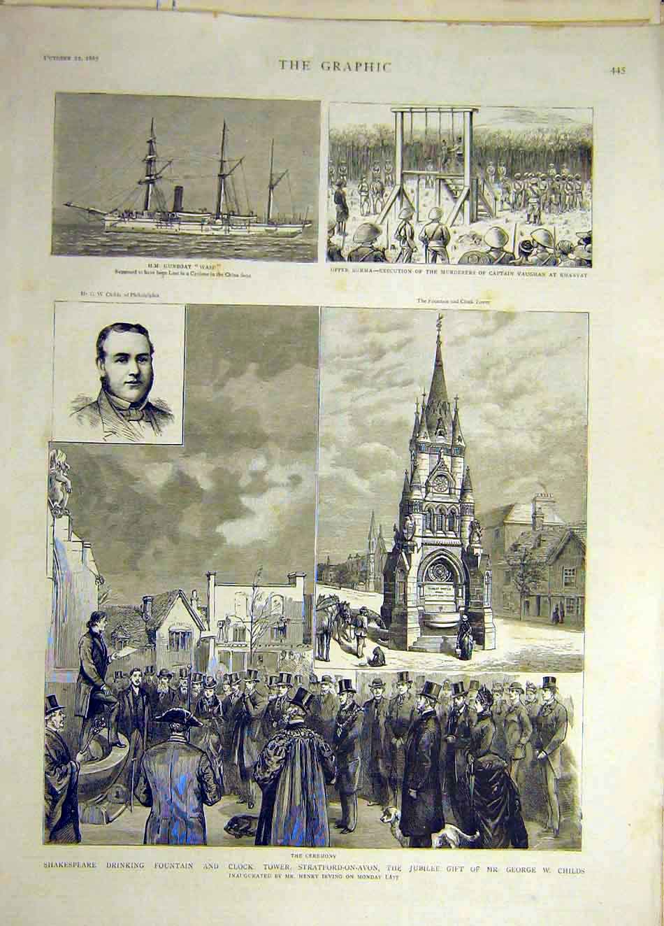 Original Old Antique Print 1887 Shakespeare Fountain Childs Burma Vaughan Wasp