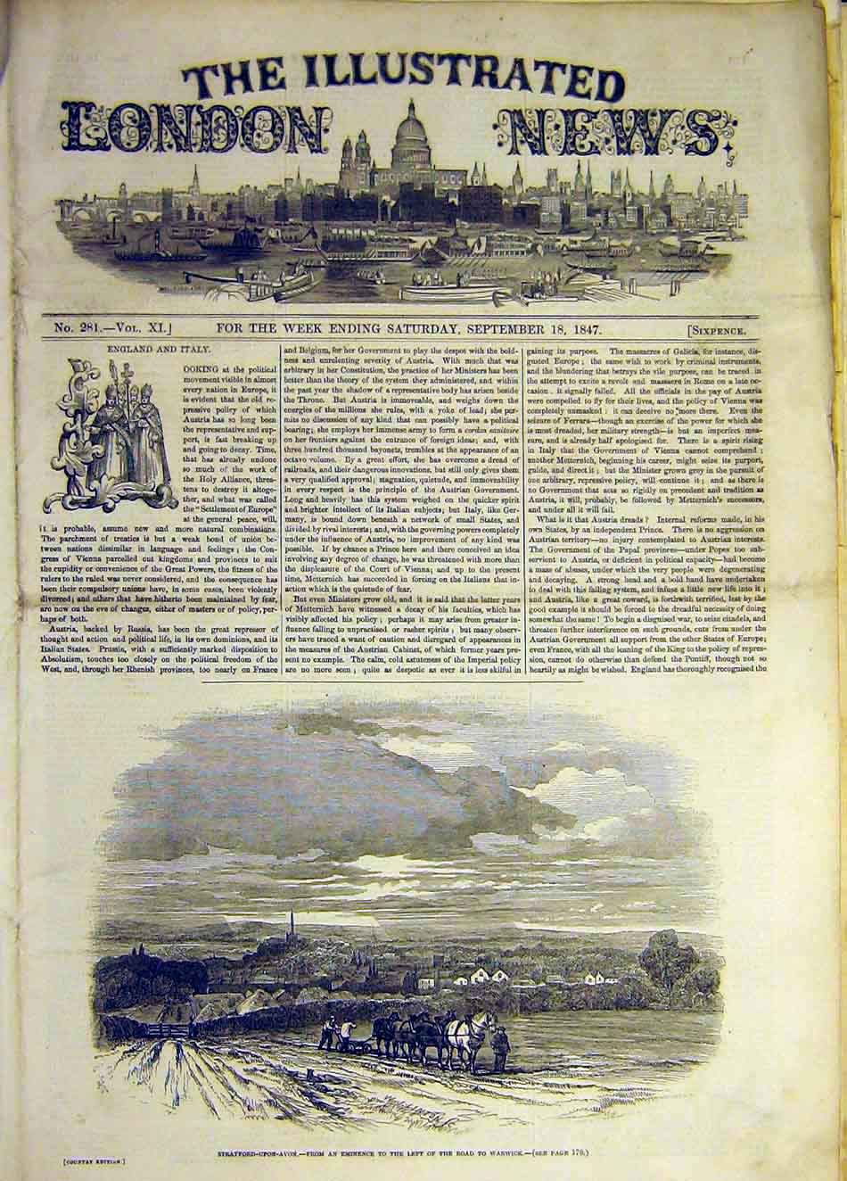 Original Old Antique Print 1847 Stratford-Upon-Avon Landscape Farm Horse Plough
