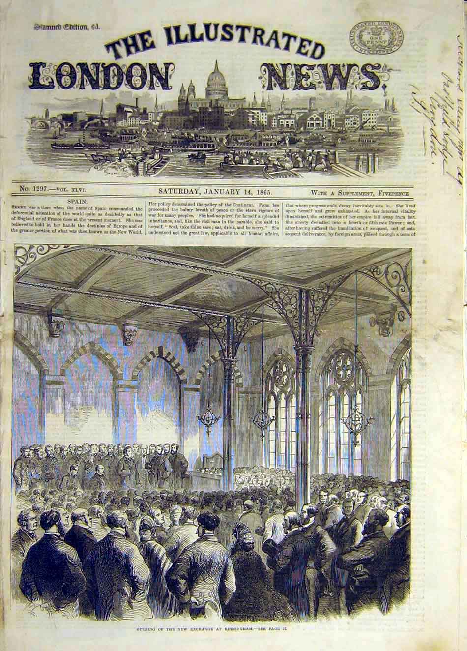 Original Old Antique Print 1865 New-Exchange Birmingham Opening 19th