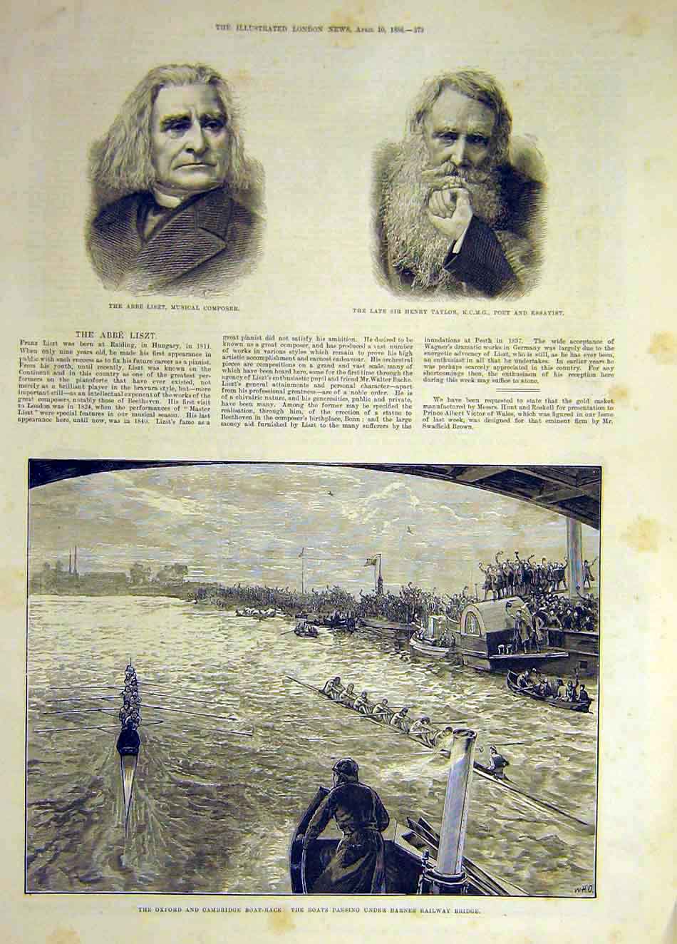 Original Old Antique Print 1886 Liszt Composer Portrait Taylor Poet Boat Race
