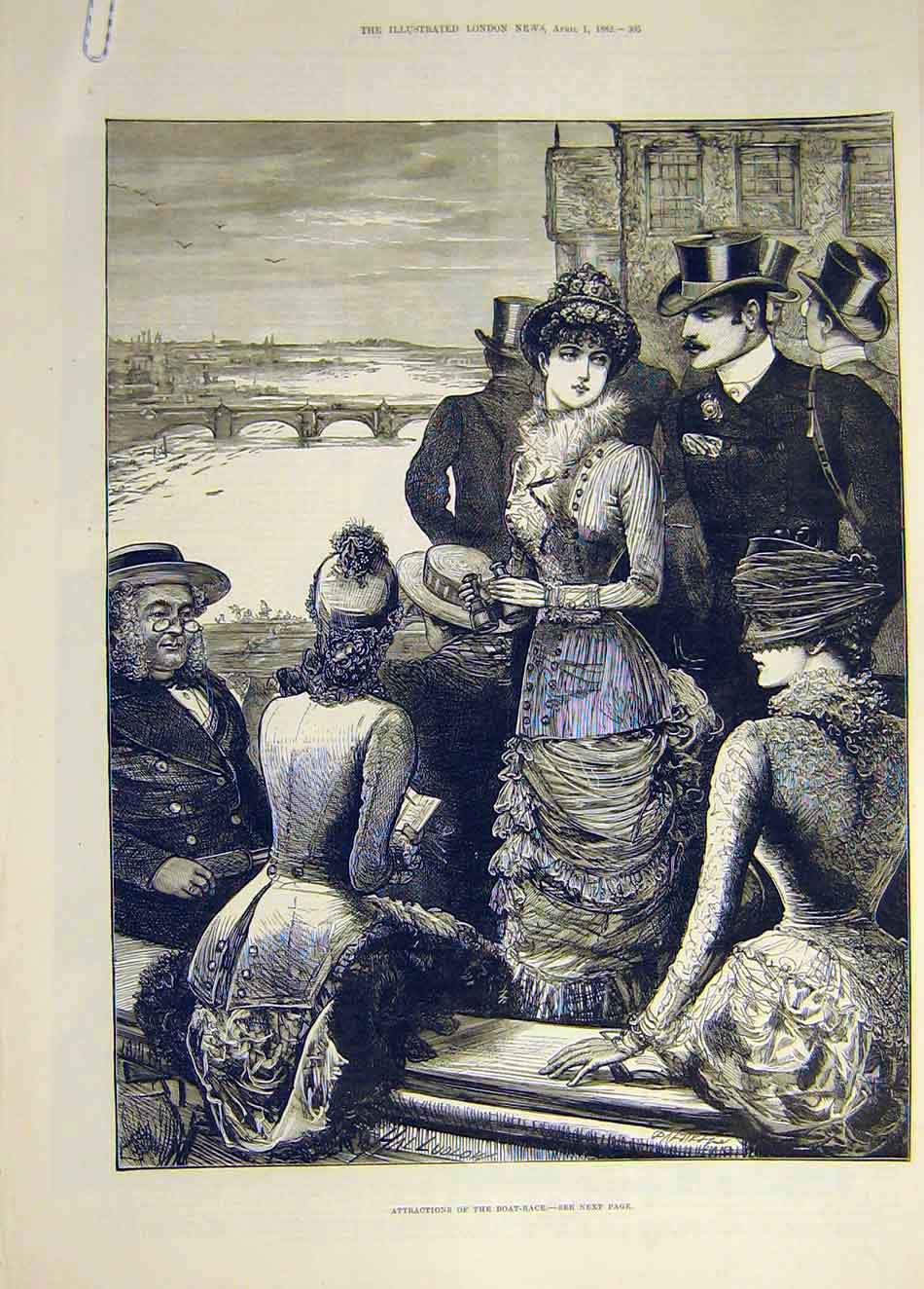 Original Old Antique Print 1882 Boat Race Attractions Ladies University 19th