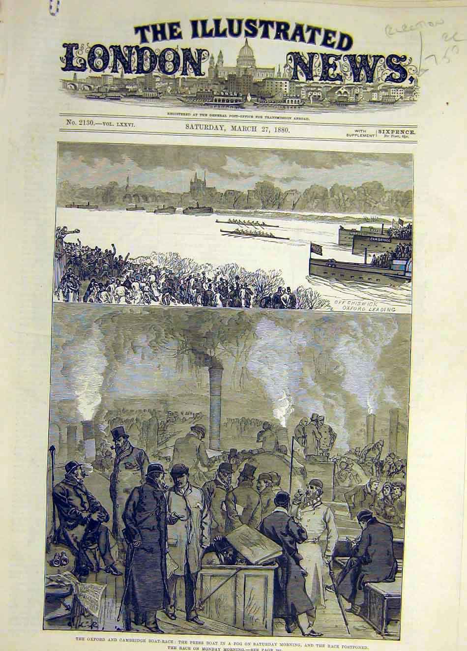 Original Old Antique Print 1880 Oxford Cambridge Boat Race Press Fog Postponed