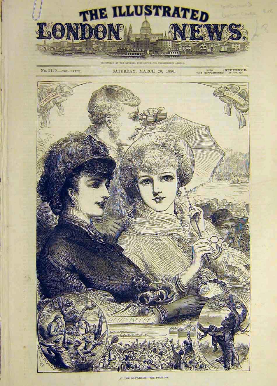 Old Antique Print 1880 Boat Race Blue-Belles Oxford Cambridge University 19th
