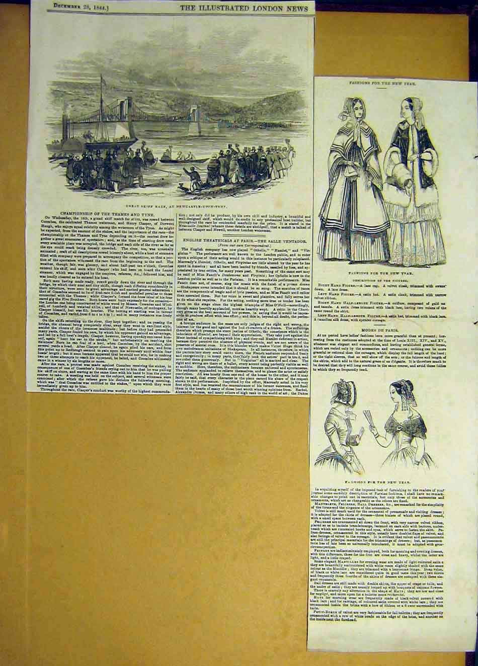 Original Old Antique Print 1844 Skiff Race Newcastle-Upon-Tyne Fashion Ladies