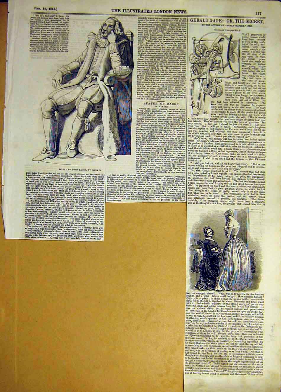 Original Old Antique Print 1846 Statue Bacon Weekes Gage Secret 19th