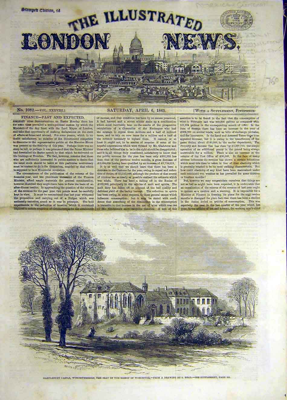 Original Old Antique Print 1861 Worcestershire Hartlebury Castle Read Building
