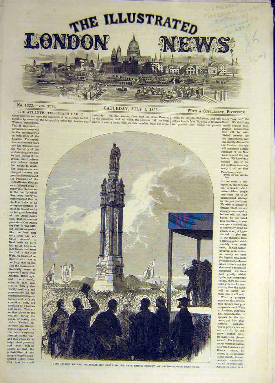 Original Old Antique Print 1865 Berkshire Monument Prince Consort Abingdon 19th