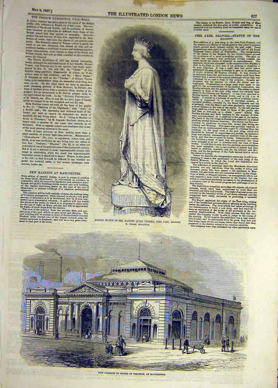Original Old Antique Print 1857 Salford Statue Queen Market Building Manchester
