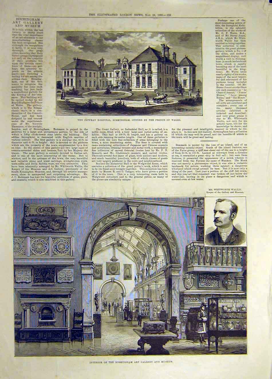 Original Old Antique Print 1885 Jaffray Hospital Birmingham Art Gallery Building