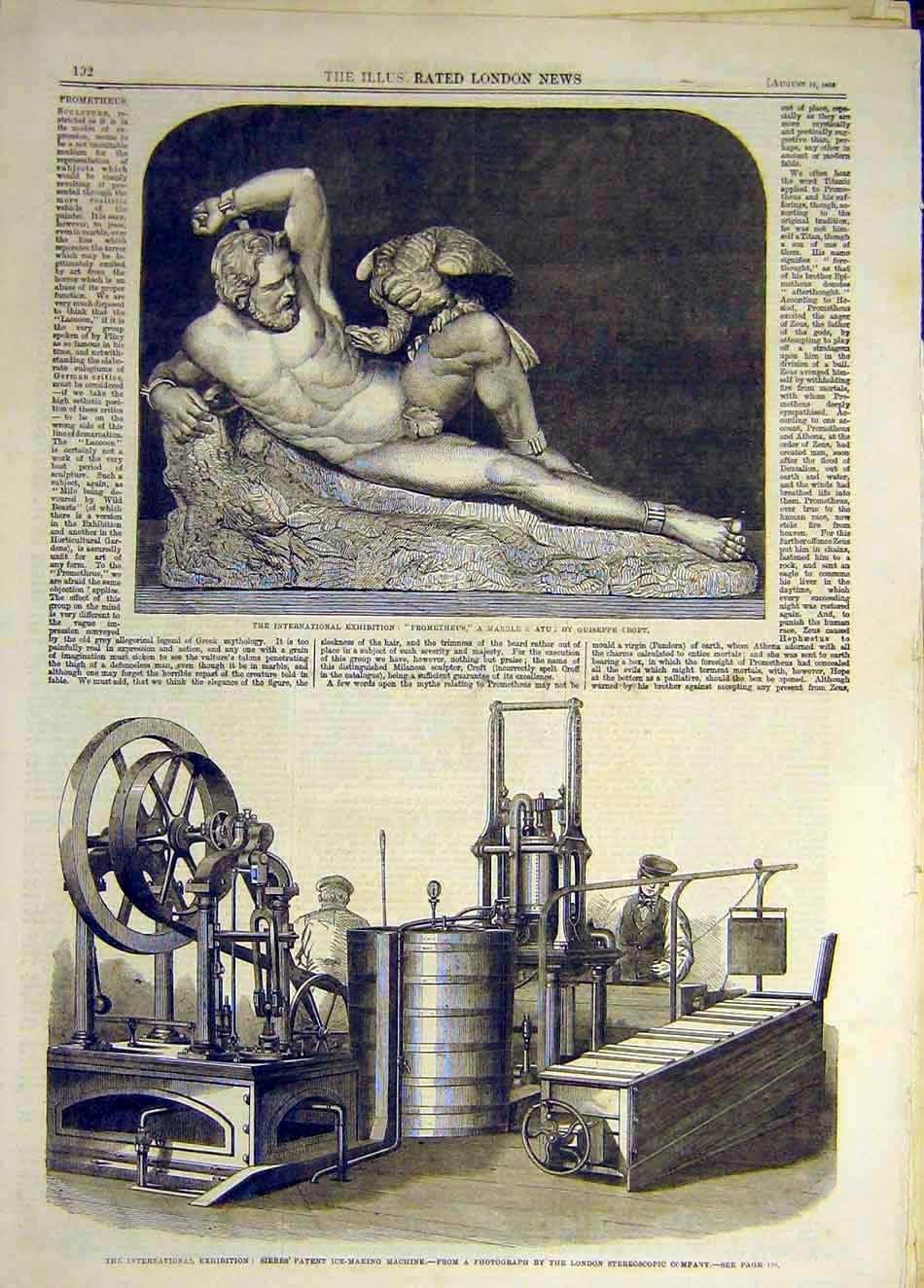 Old Antique Print 1862 Prometheus Marble Statue Croft Ice-Making Machine 19th