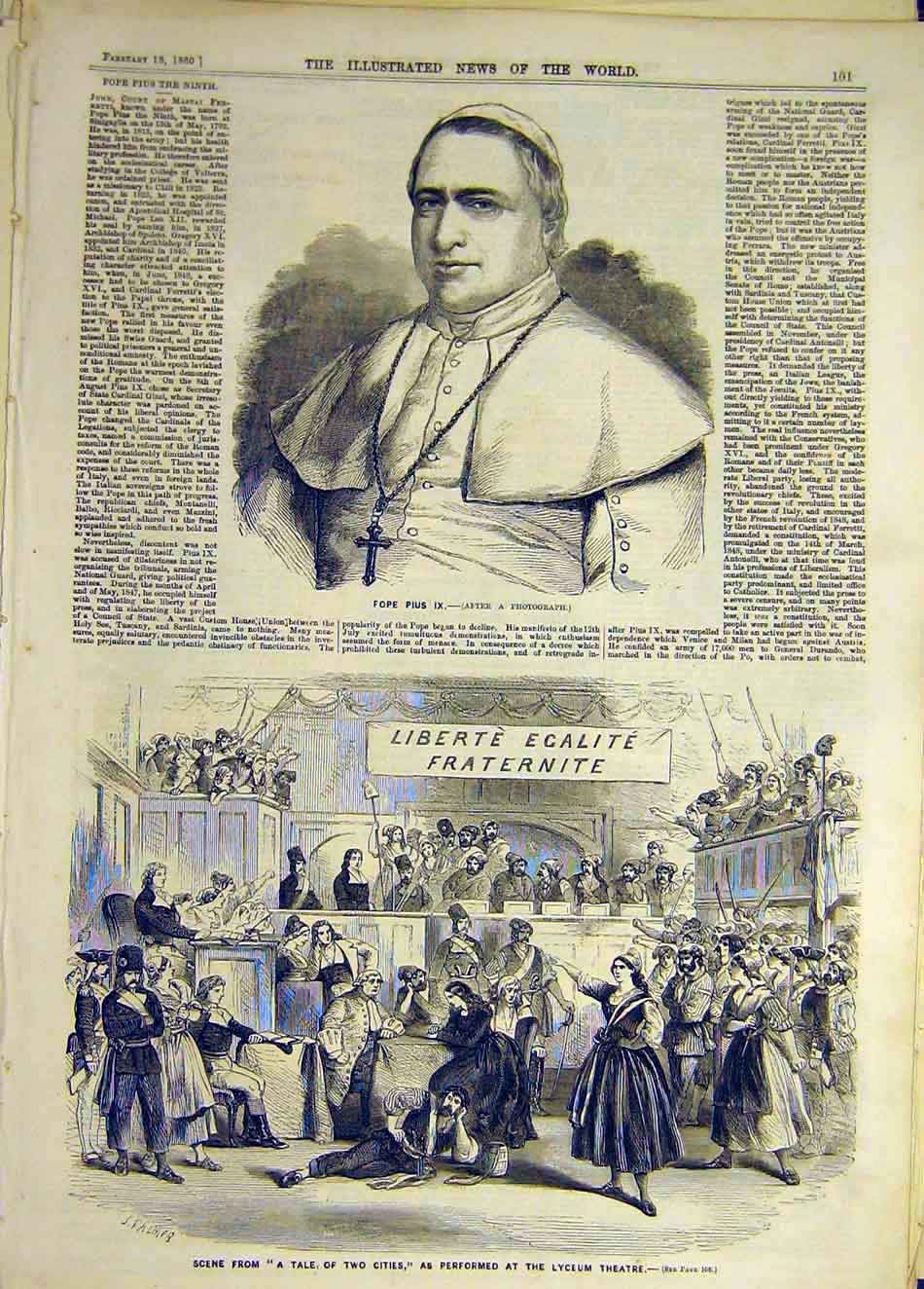 Original Old Antique Print 1860 Portrait Pius Ix Pope Lyceum Theatre Scene 19th