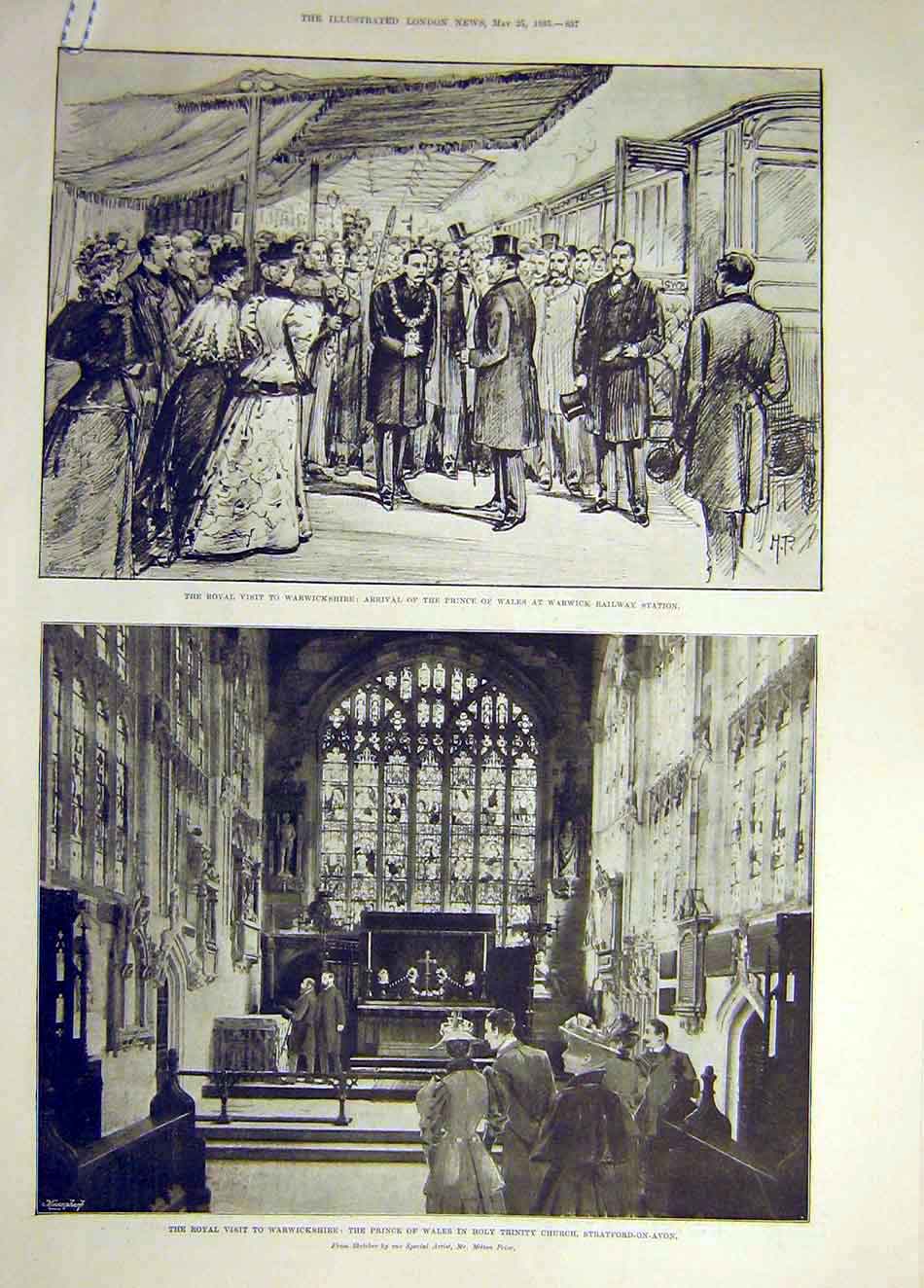 Original Old Antique Print 1895 Warwickshire Railway Station Prince Wales Church