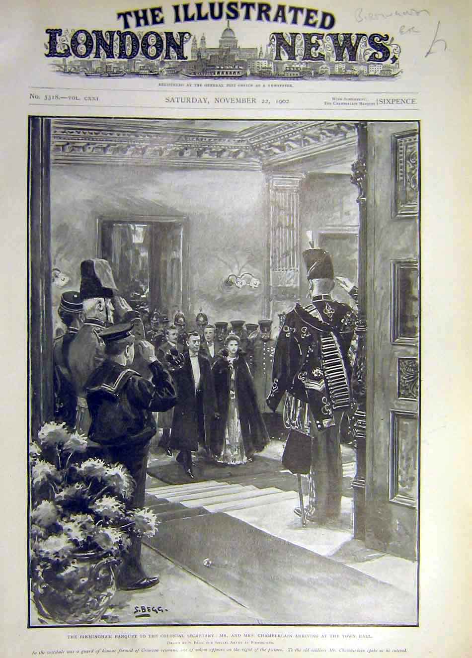 Old Antique Print 1902 Birmingham Banquet Chamberlain Townhall Secretary 20th