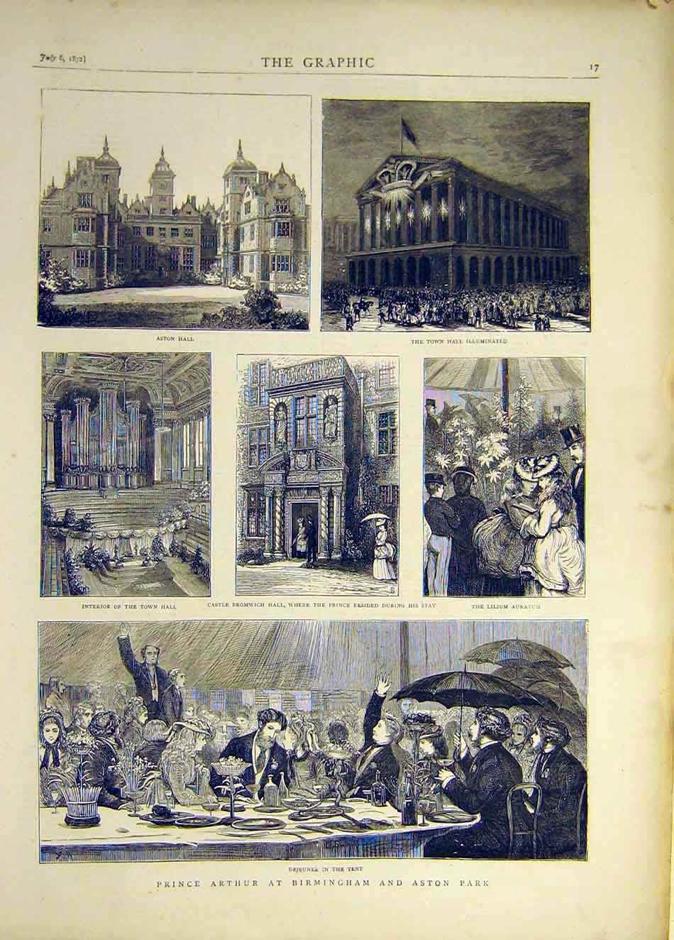 Old Antique Print 1872 Aston Hall Birmingham Prince Arthur Castle Lilium 19th
