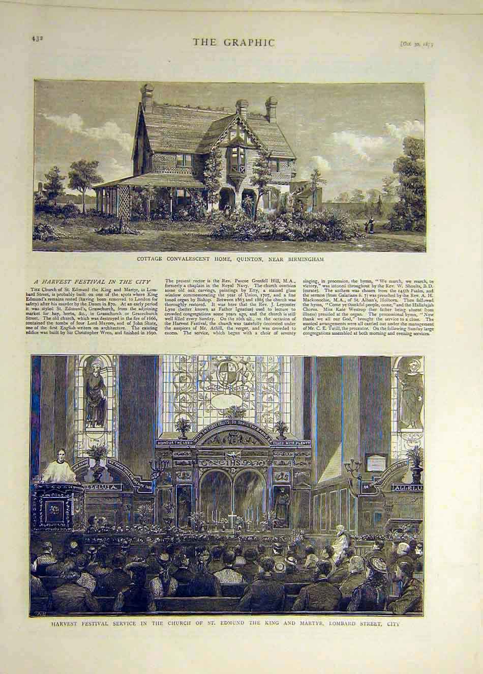 Old Antique Print 1875 Quinton Convalescent Cottage Harvest Festival City 19th