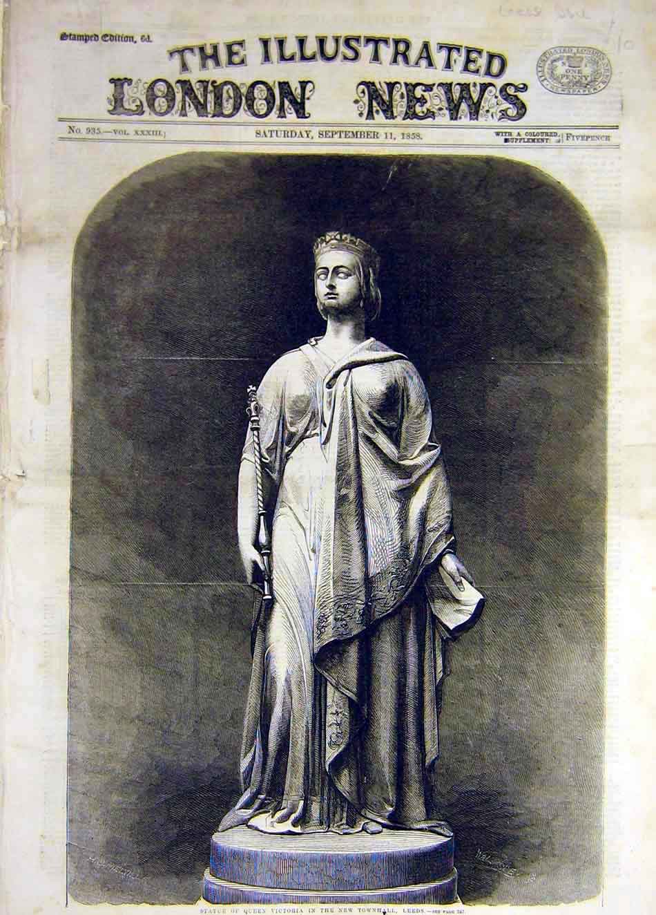 Original Old Antique Print 1858 Statue Queen Victoria Leeds Townhall Victorian
