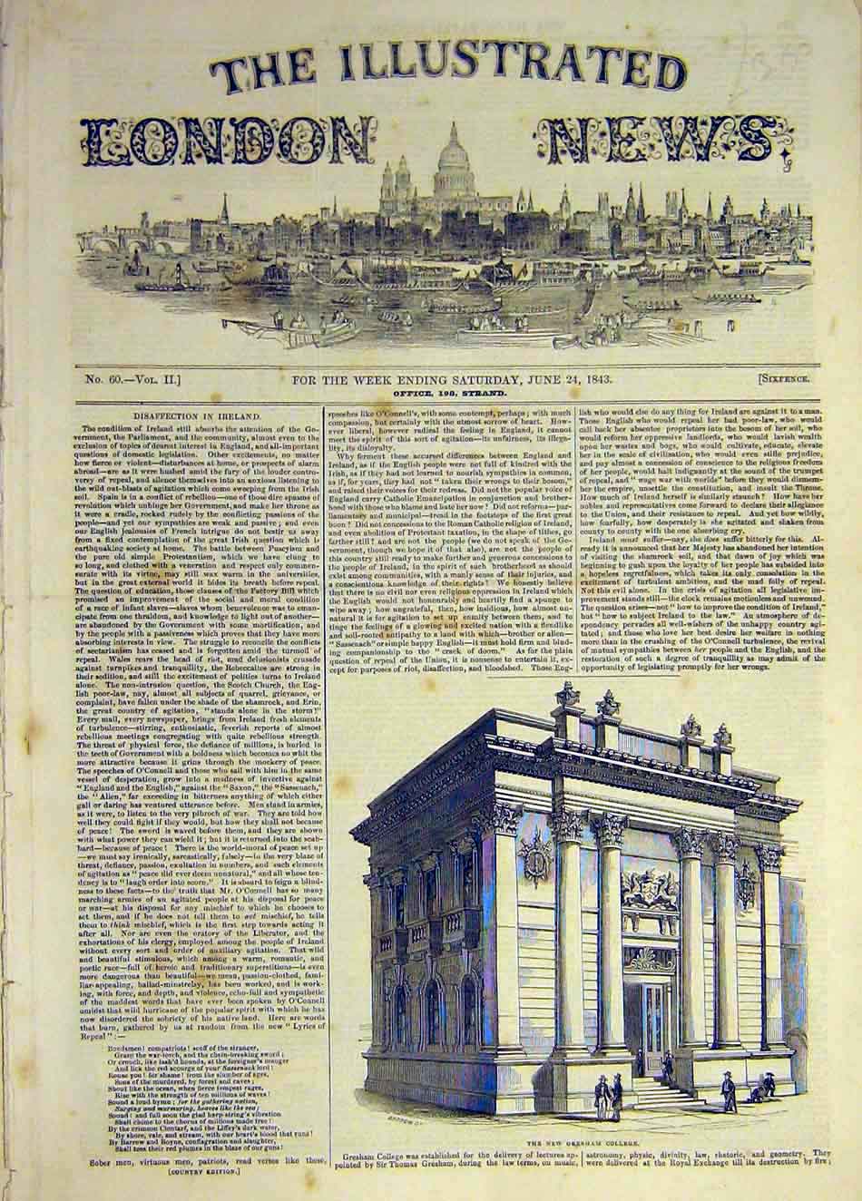 Original Old Antique Print 1843 Building Gresham College 19th Century