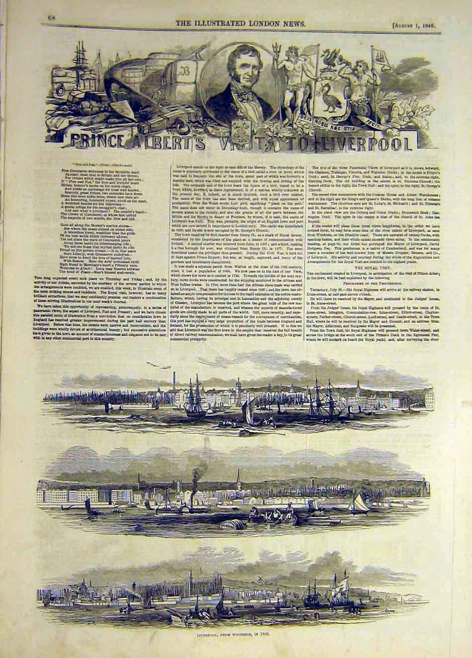 Old Antique Print 1846 Prince Albert Visit Liverpool Woodside Ships Boats 19th