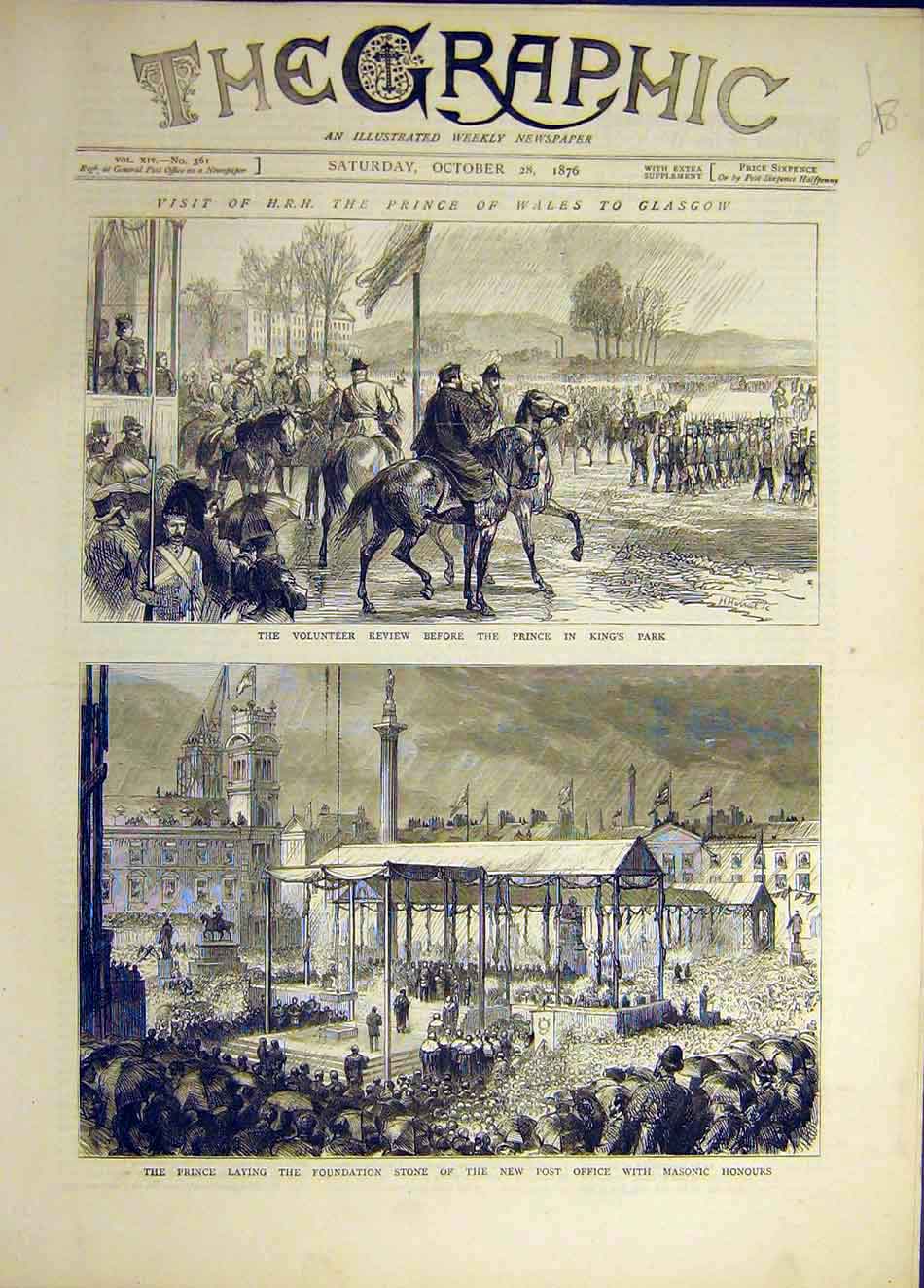 Old Antique Print 1876 Glasgow Prince Wales Volunteer Review Post Office 19th
