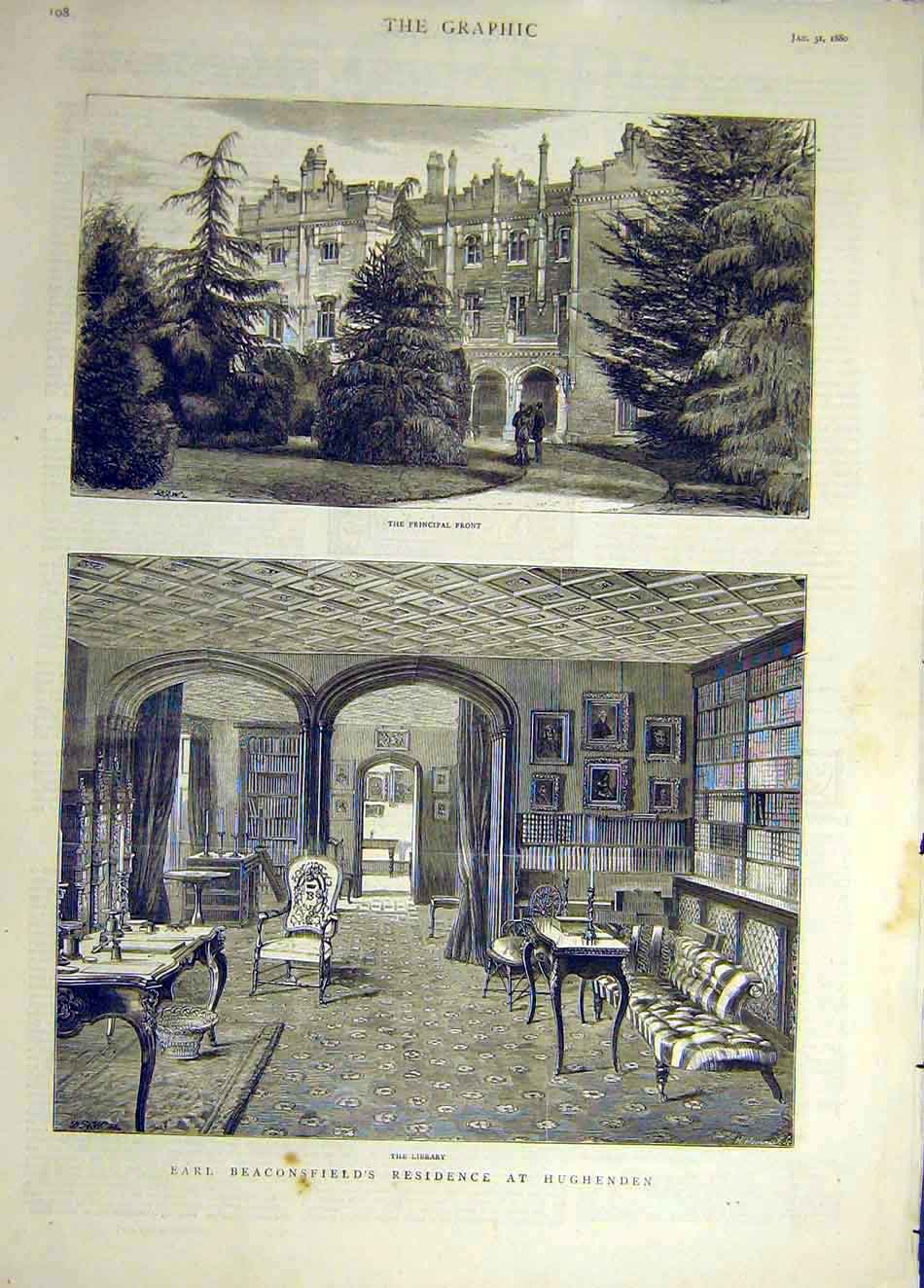 Original Old Antique Print 1880 Earl Beaconsfield Hughenden Residence Building