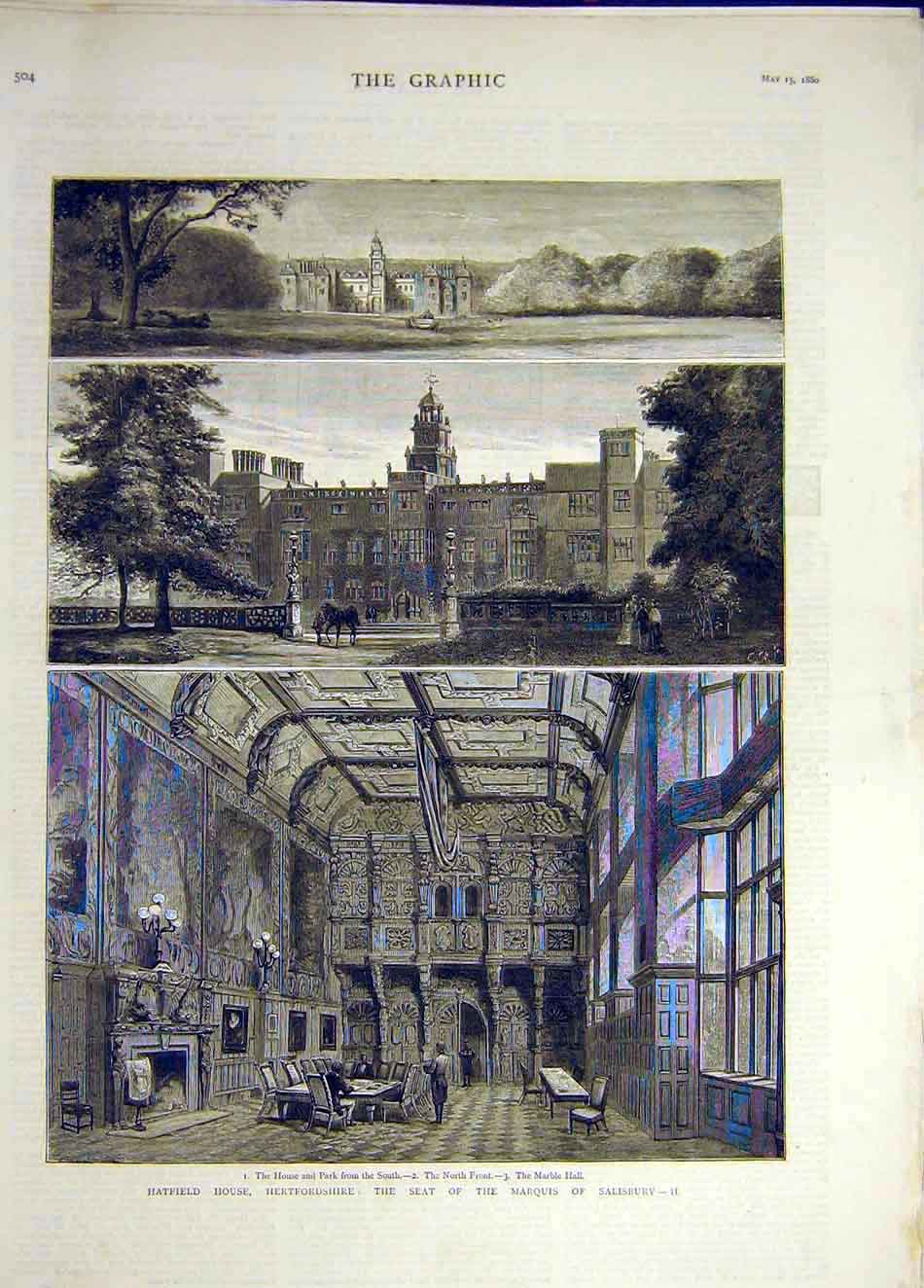 Original Old Antique Print 1880 Marquis Salisbury Hatfield House Hertfordshire