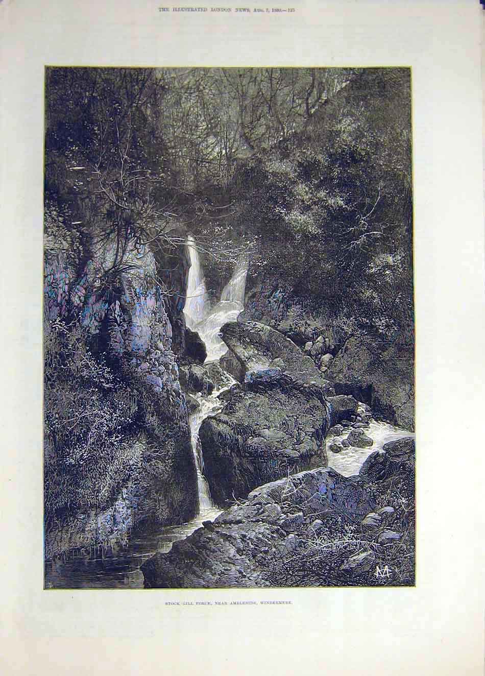 Original Old Antique Print 1880 Stock-Gill Force Ambleside Windermere Victorian