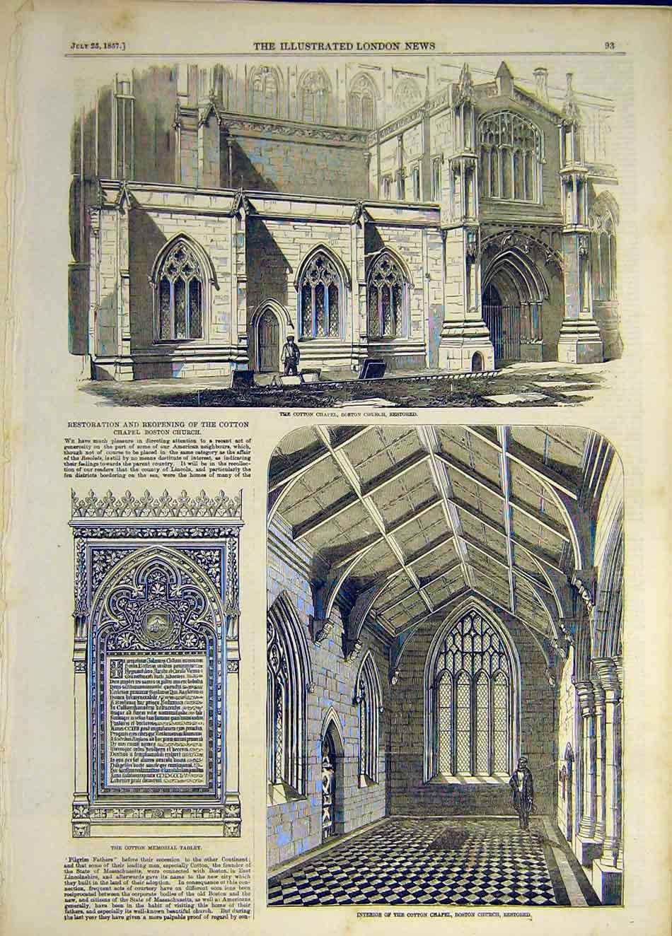 Original Old Antique Print 1857 Cotton Chapel Boston Church Restored Building
