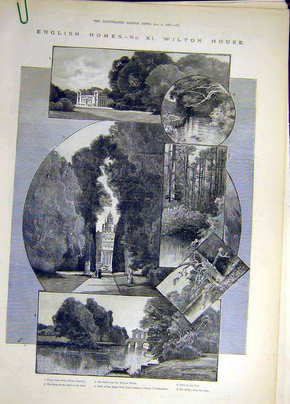 Original Old Antique Print 1887 English Homes Wilton House Park Bridge Gardens