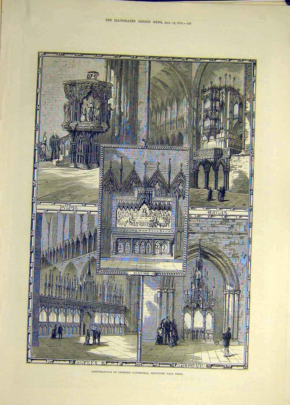 Original Old Antique Print 1876 Restorations Chester Cathedral Organ Building