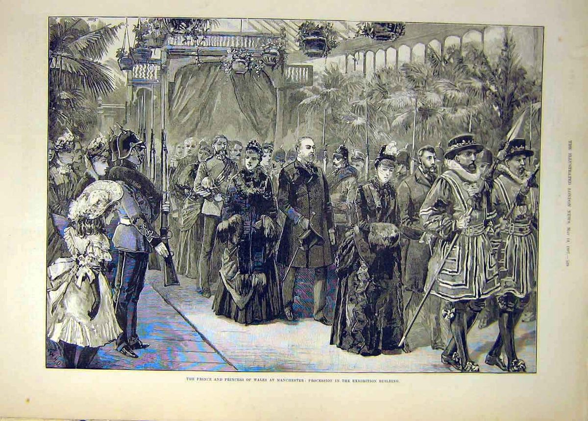 Original Old Antique Print 1887 Prince Princess Wales Manchester Building 19th
