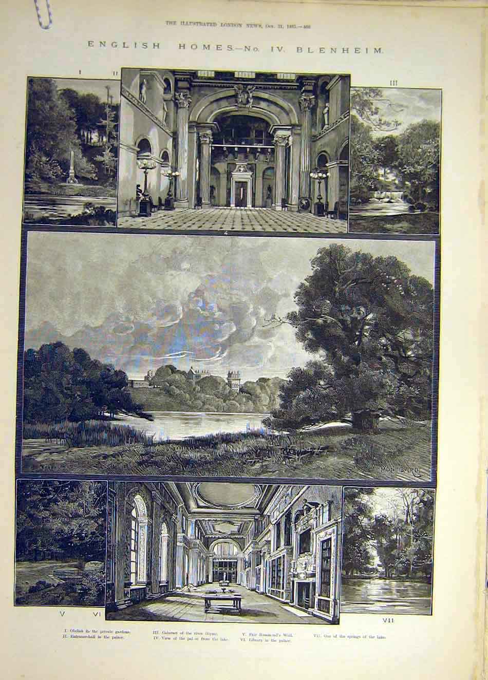 Original Old Antique Print 1885 English Homes Blenheim Rosamond Well Obelisk