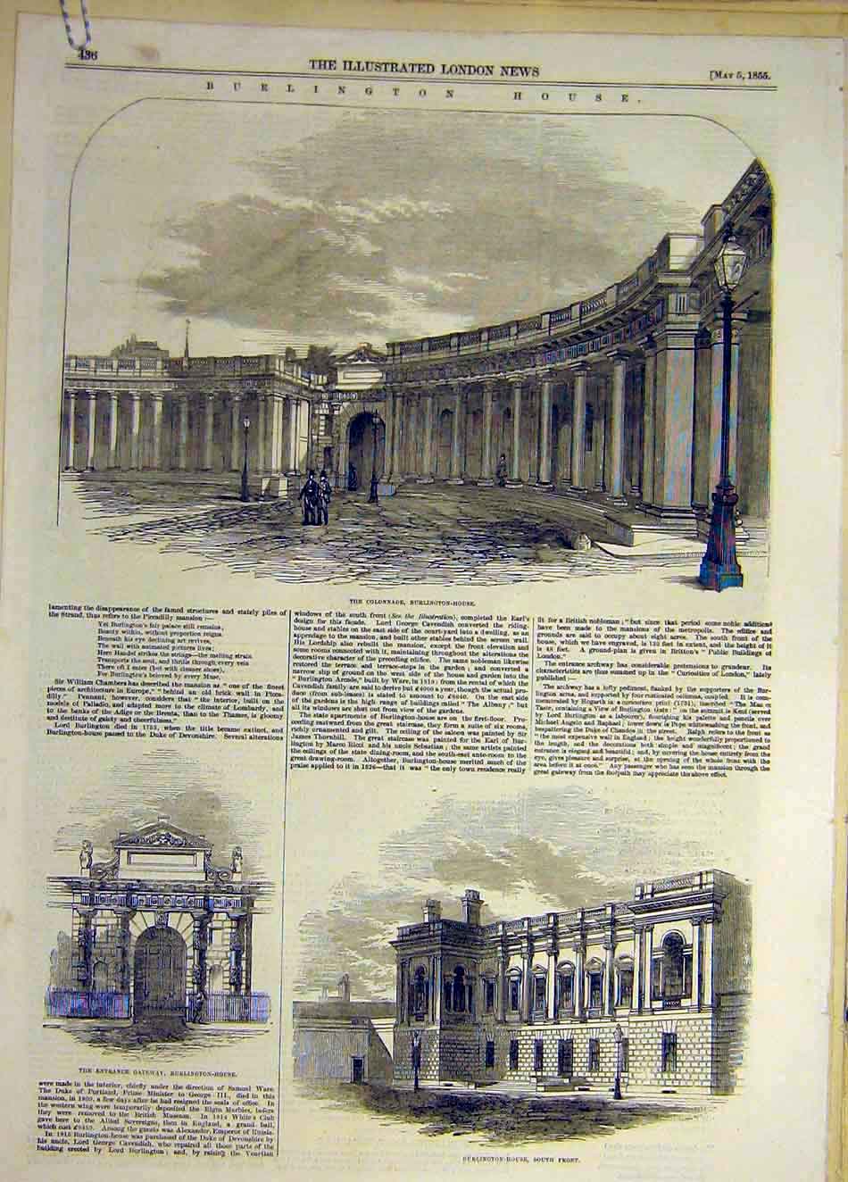 Original Old Antique Print 1855 Burlington House Colonnade Building Gateway 19th