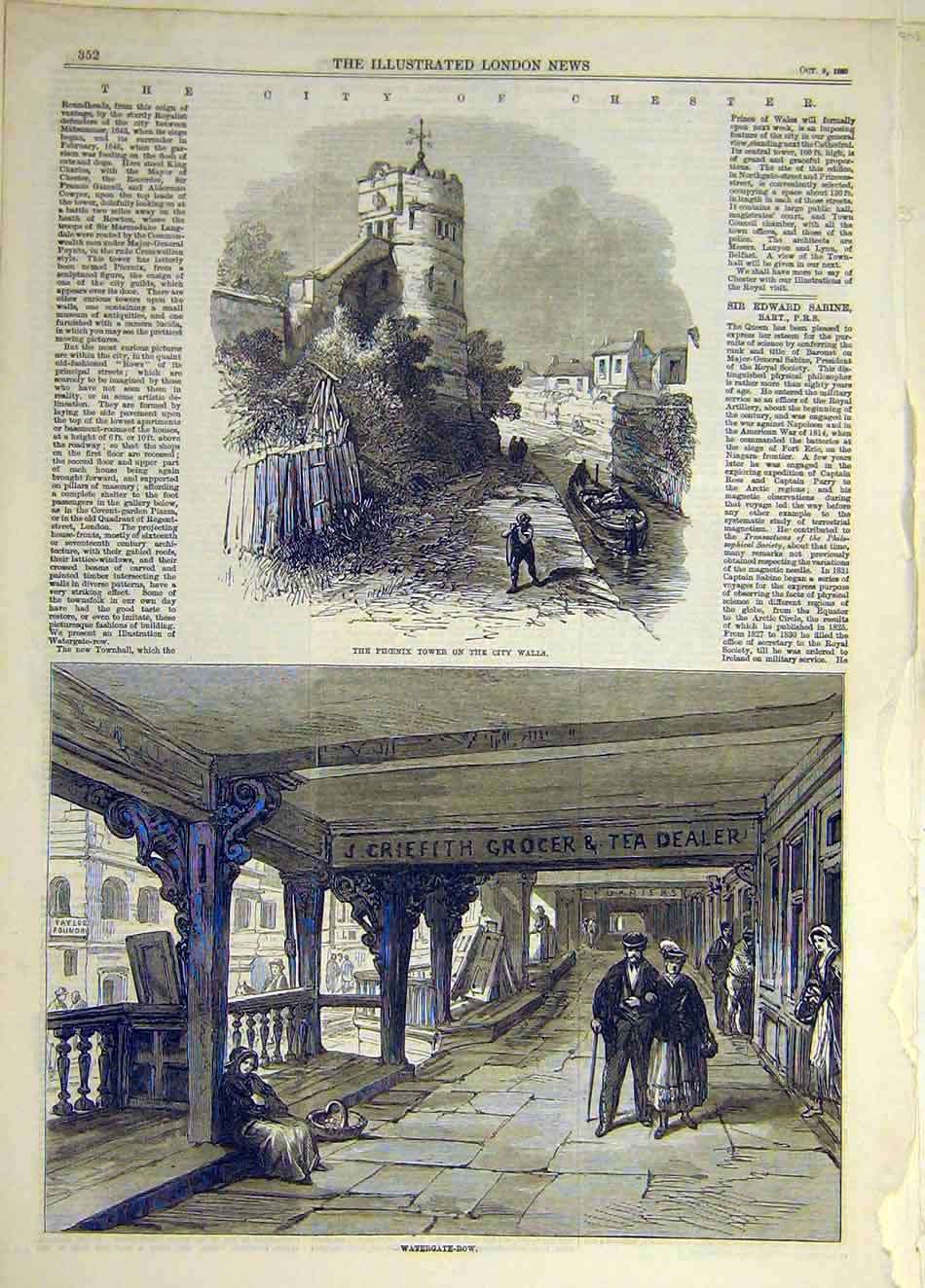 Original Old Antique Print 1869 City Chester Phoenix Tower Watergate-Row 19th