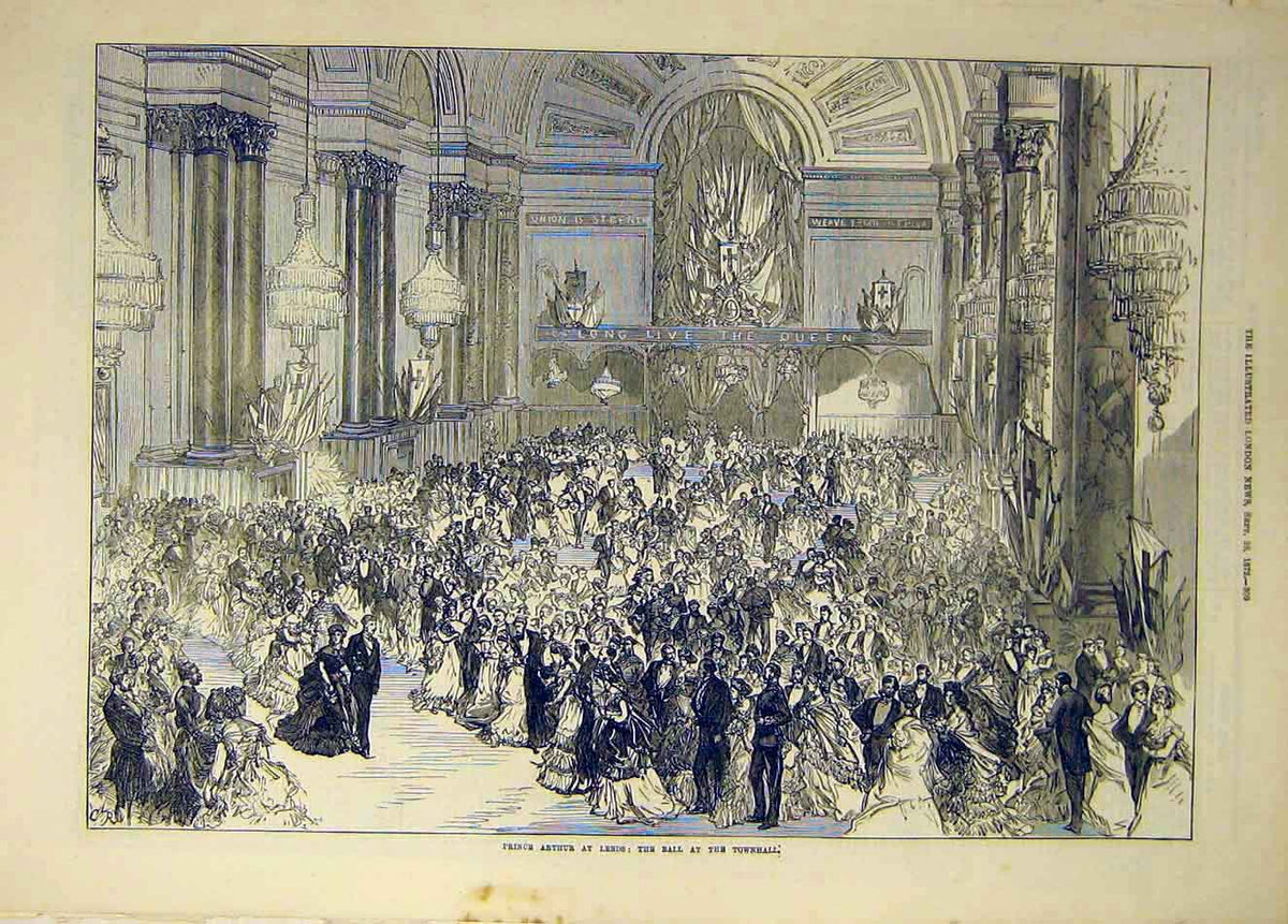 Original Old Antique Print 1872 Prince Arthur Ball Townhall Leeds People 19th