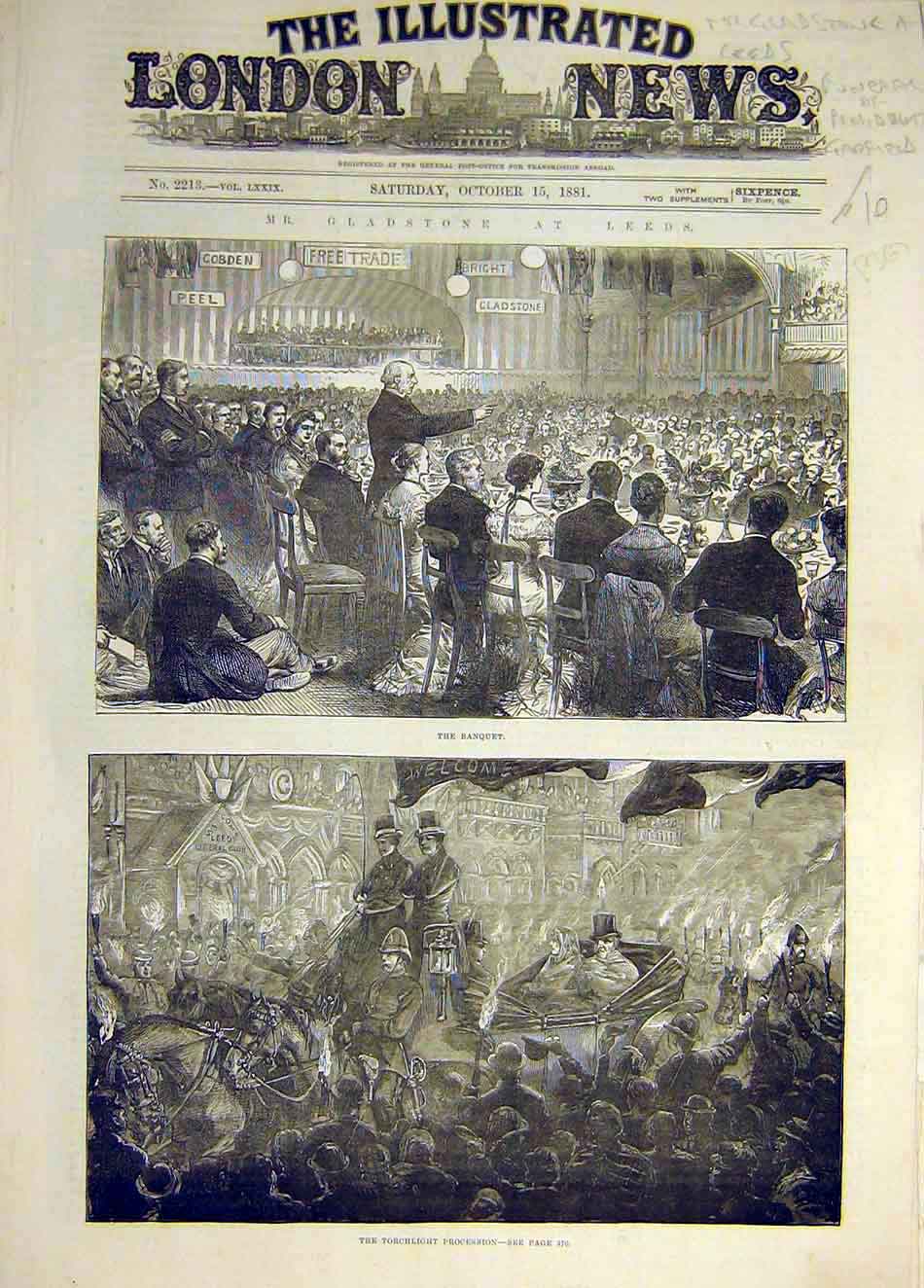 Original Old Antique Print 1881 Banquet Gladstone Leeds Torchlight Procession