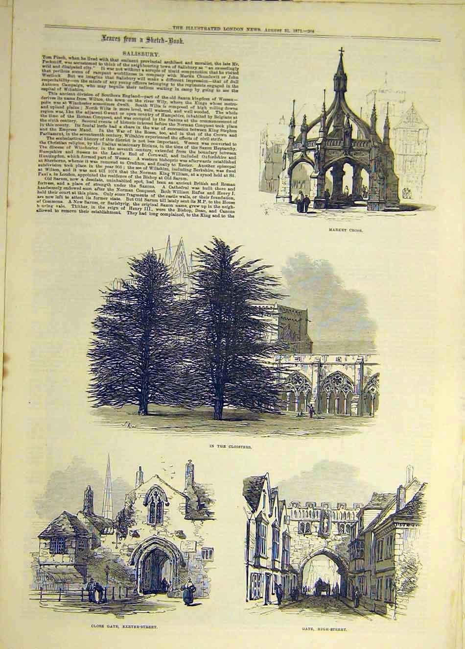 Original Old Antique Print 1872 Sketches Salisbury Market-Cross Cloisters Gate