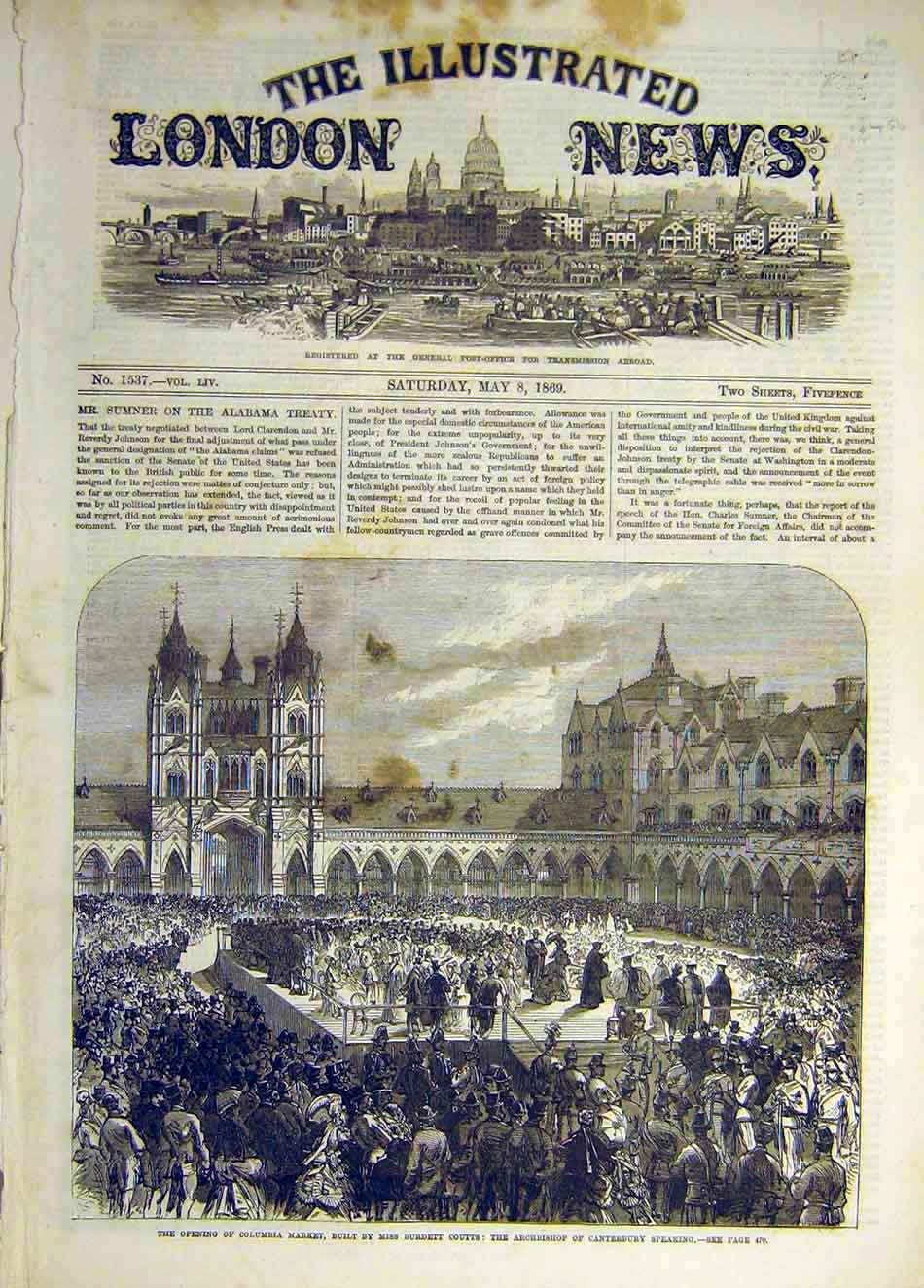 Original Old Antique Print 1869 Columbia Market Coutts Archbishop Canterbury
